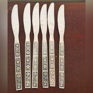 Set of 6 Vintage Floral Silver Butter Knives Set marked Korea Flatware